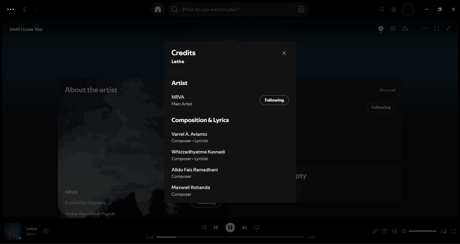 Spotify credits for Lethe by NRVA showing Maxwell Rohanda as composer