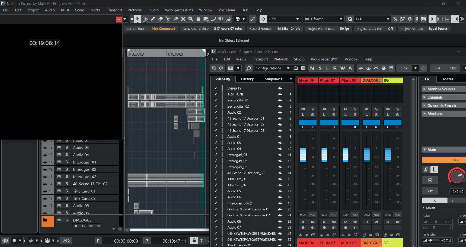 Representative production-sound image — Secret Killer mix · Nuendo dialogue, music, and BG session